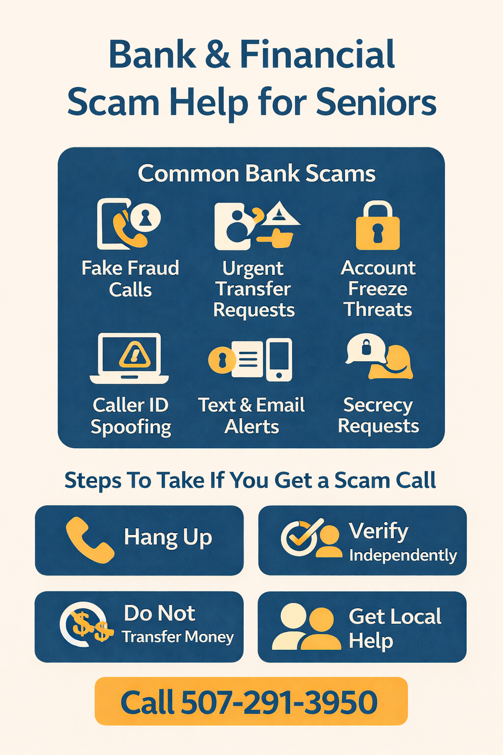 Bank fraud help for seniors including fake bank calls, financial scams, and account protection